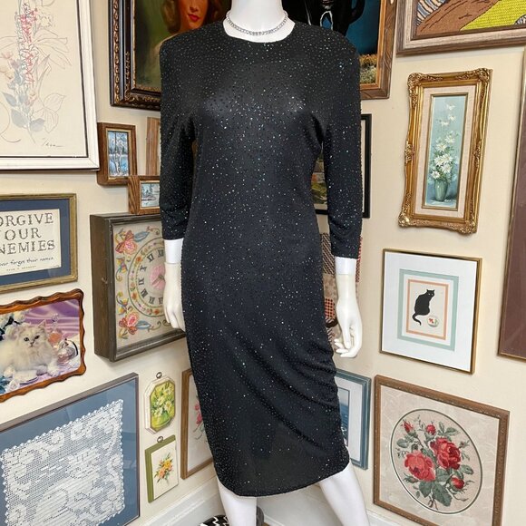 80s Vintage Milano Sexy Black Glitter Backless Cocktail Dress with Butt Ruching - Picture 3 of 10